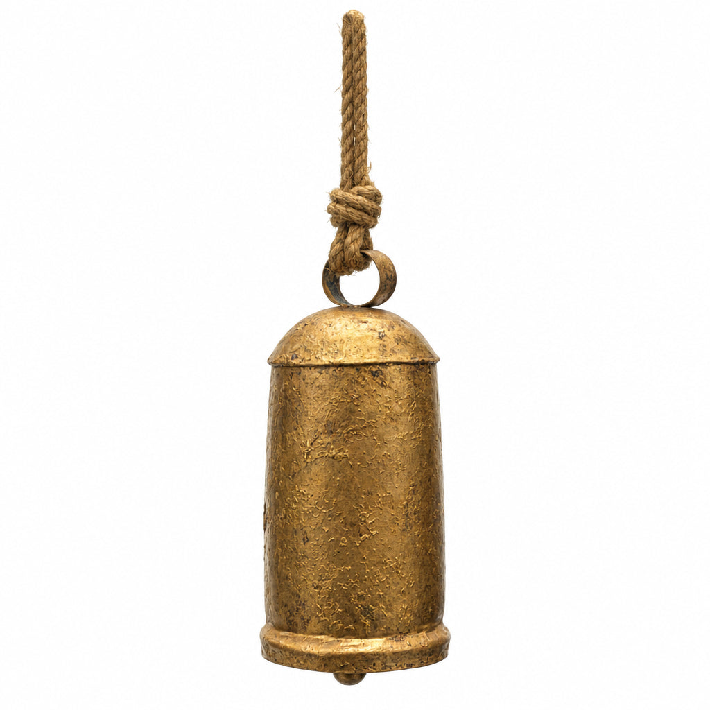 A small vintage-style brass bell with a textured, aged metallic finish, hanging from a thick brown rope loop against a plain white background.