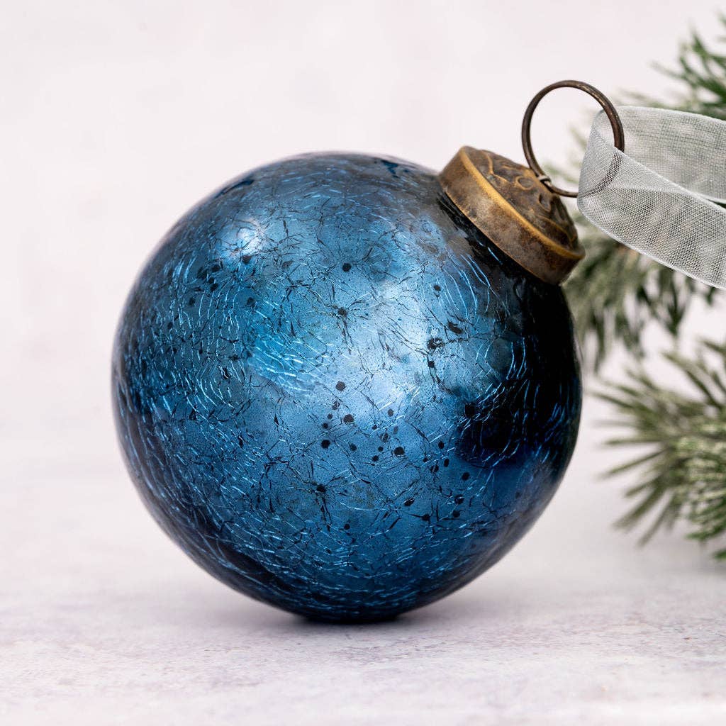 Navy Crackle Glass Ornament - Three Inch