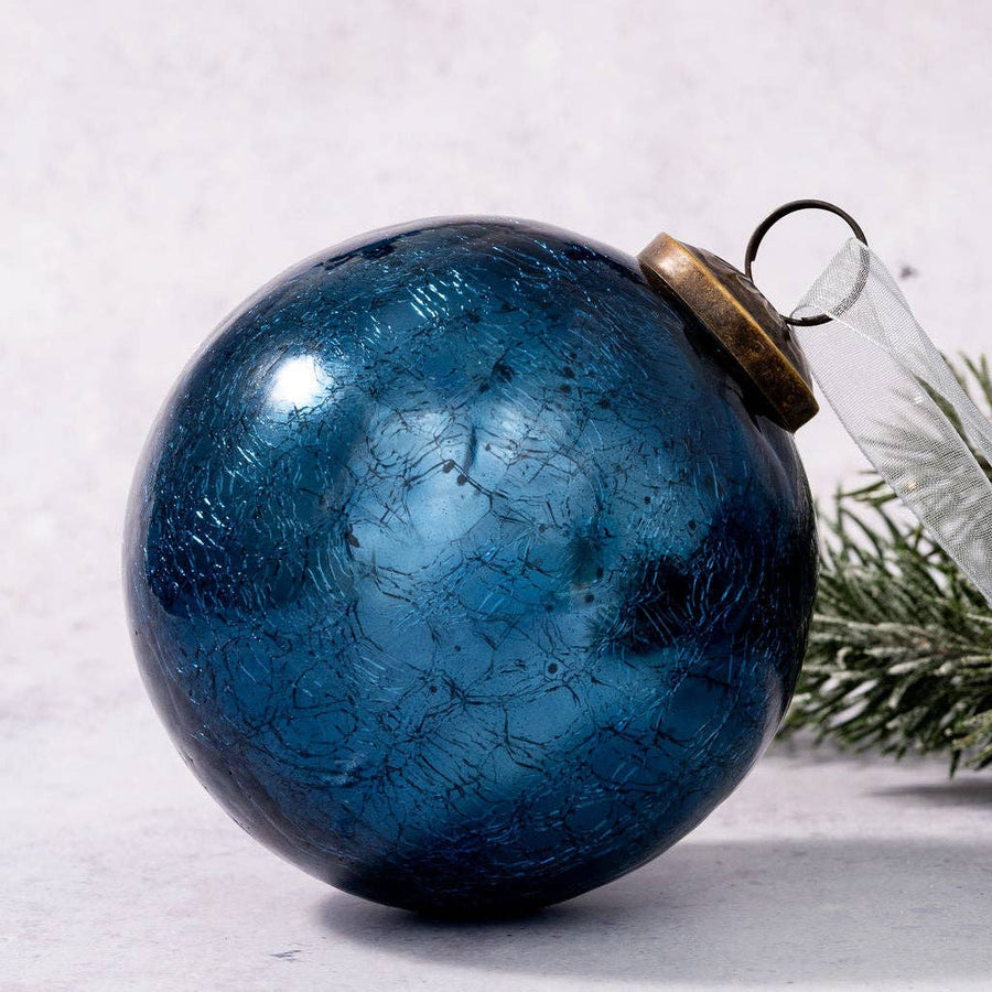 Navy Crackle Glass Ornament - Four Inch