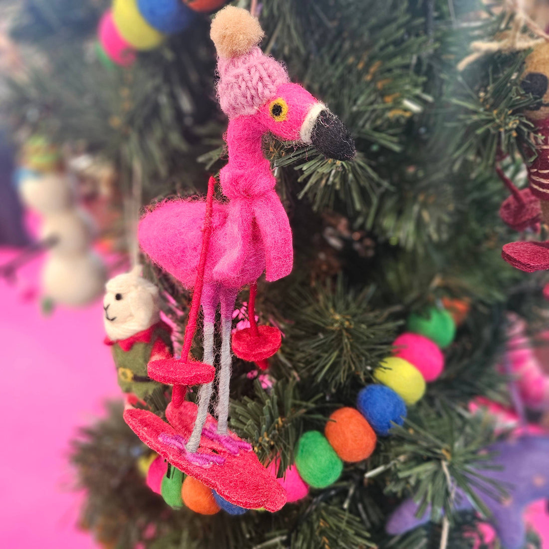Felt Skiing Flamingo Holiday Decoration