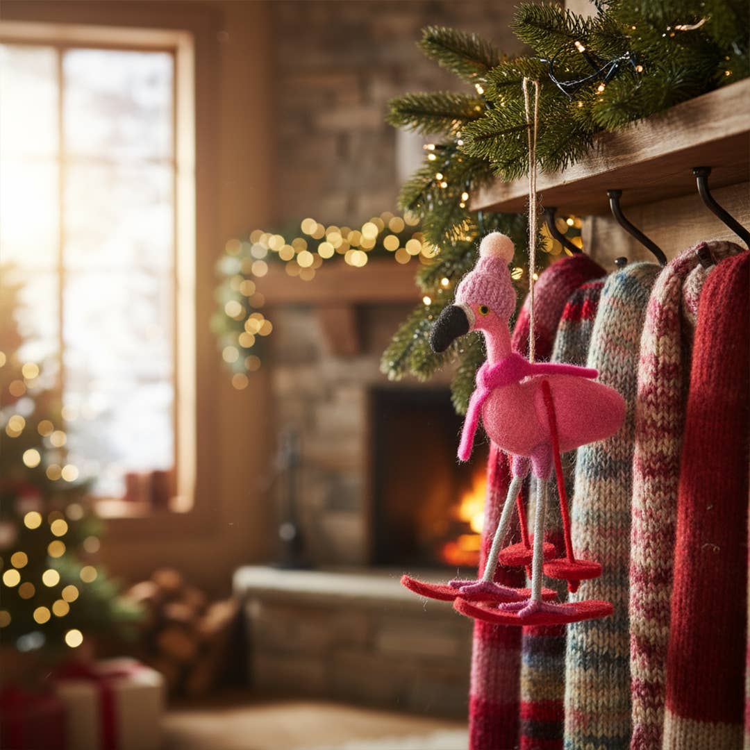 Felt Skiing Flamingo Holiday Decoration