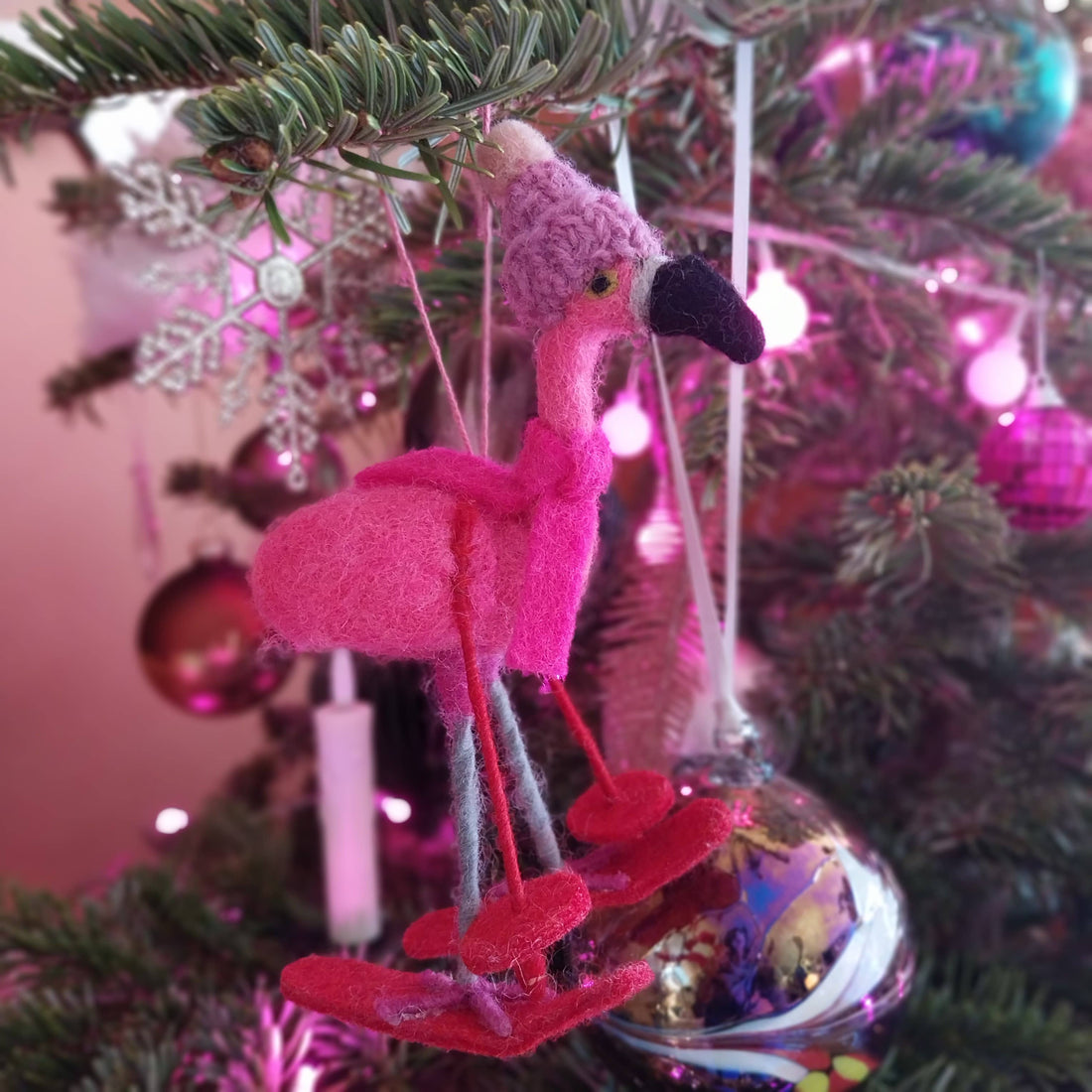 Felt Skiing Flamingo Holiday Decoration