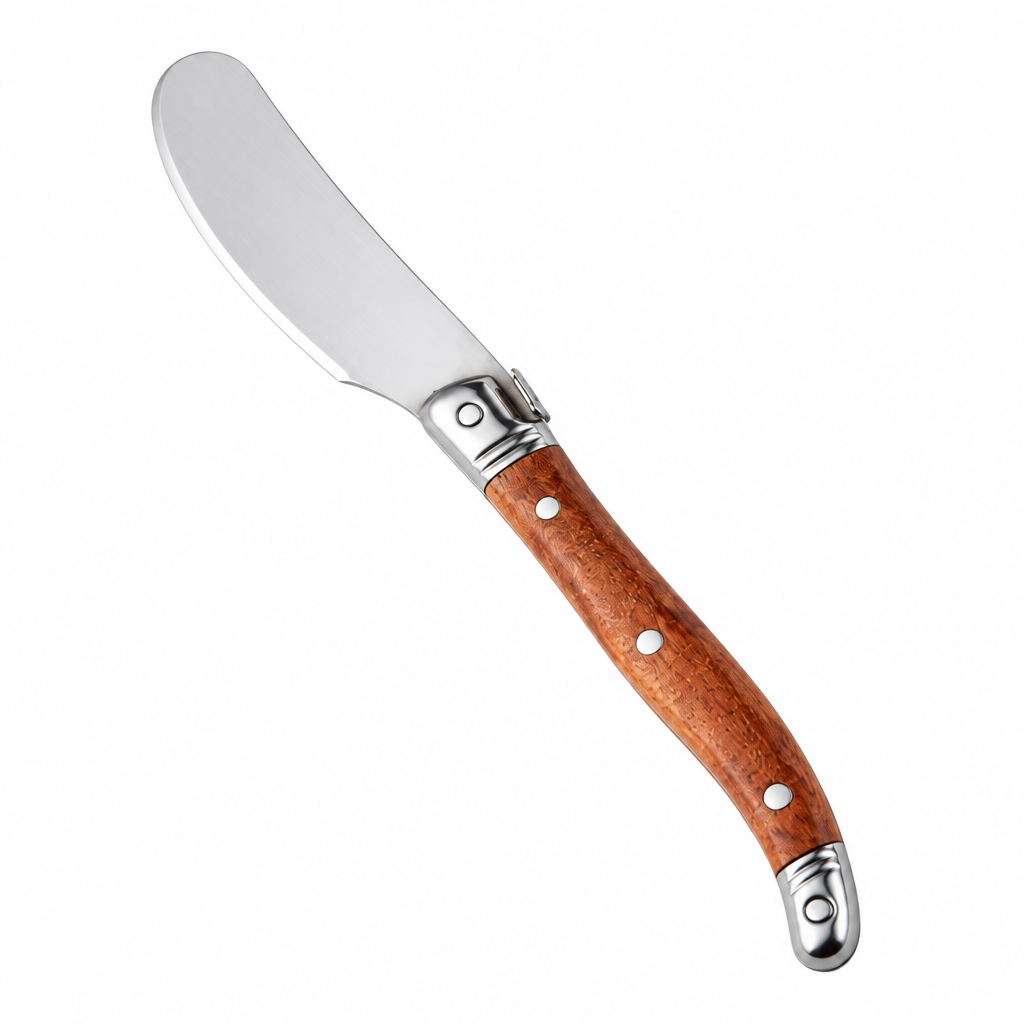 A classic butter / cheese knife with a polished silver steel blade and a curved reddish-brown wooden handle secured by silver rivets, shown vertically on a plain white background.