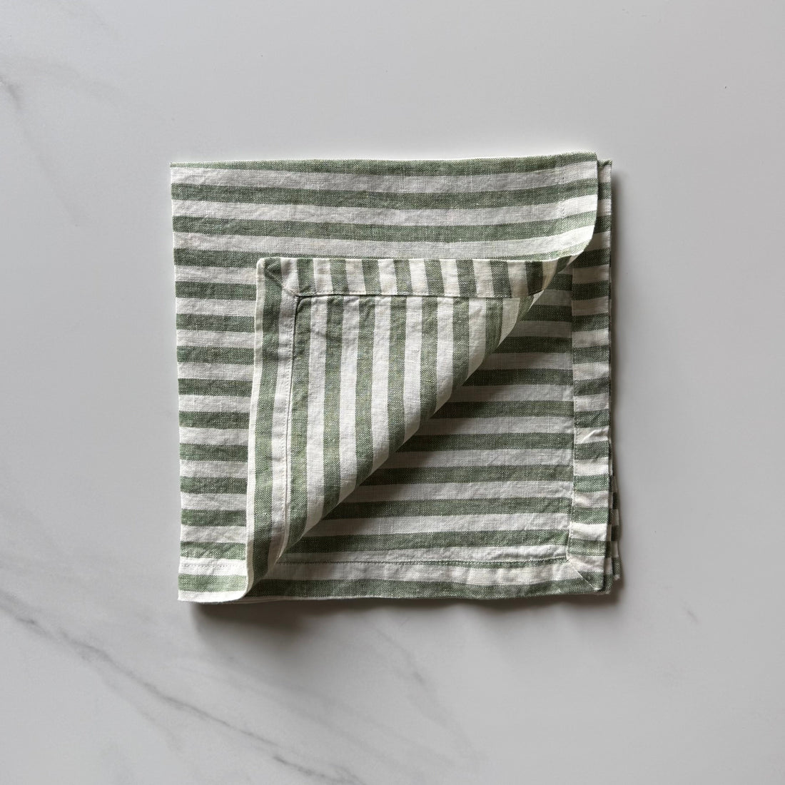 Linen Dinner Napkin - Green and White Stripe
