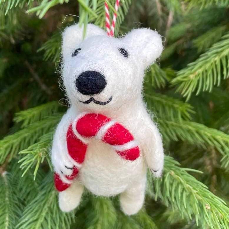 Polar Bear With Candy Cane Hanging Ornament