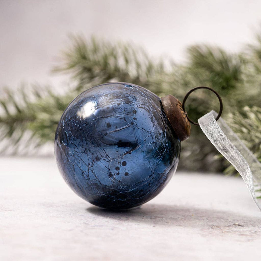 Navy Crackle Glass Ornament - Two Inch