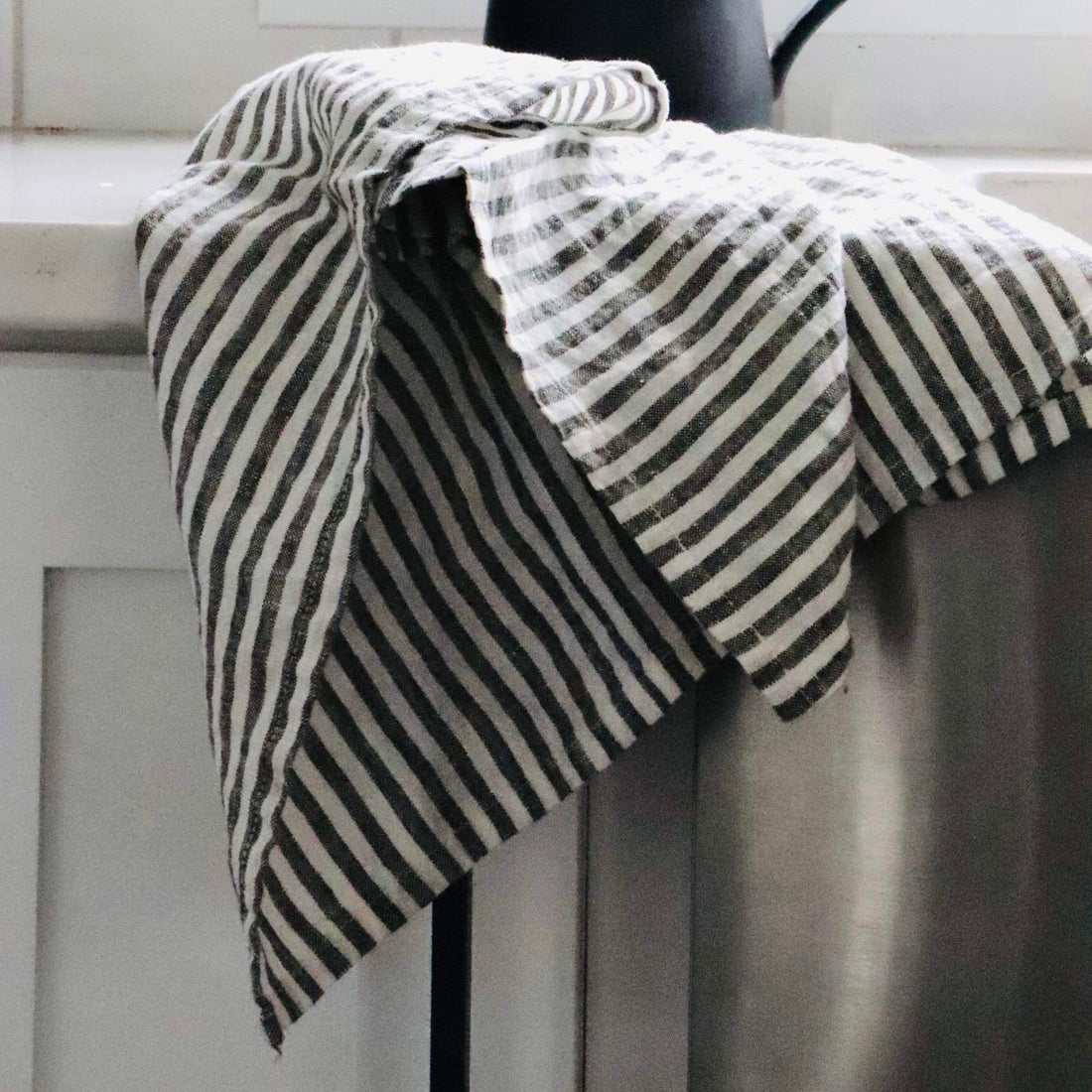 Linen Kitchen Towel - Grey & White Ticking